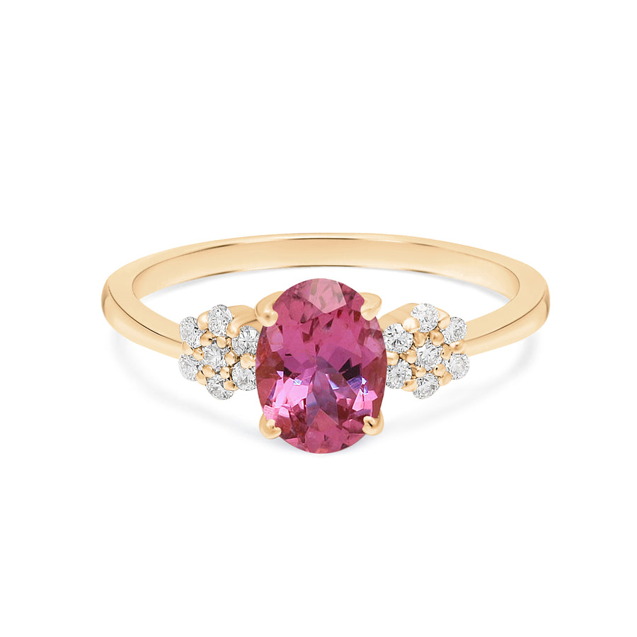 18k Yellow Gold Pink Tourmaline Ring with Diamond Flower on side