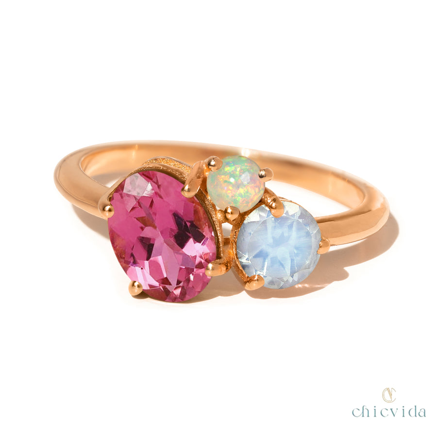Bunch Pink Tourmaline & Opal Moonstone Ring