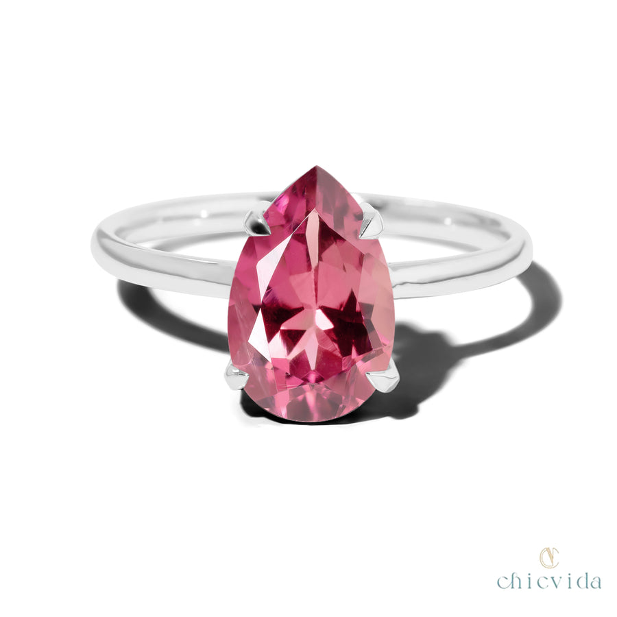 Cameo Teardrop Pink Tourmaline Solitaire Ring