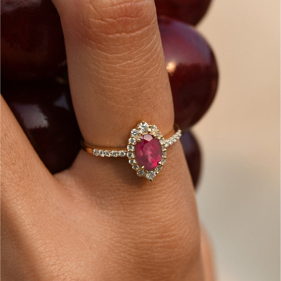 Red Ruby Diamond Halo Ring