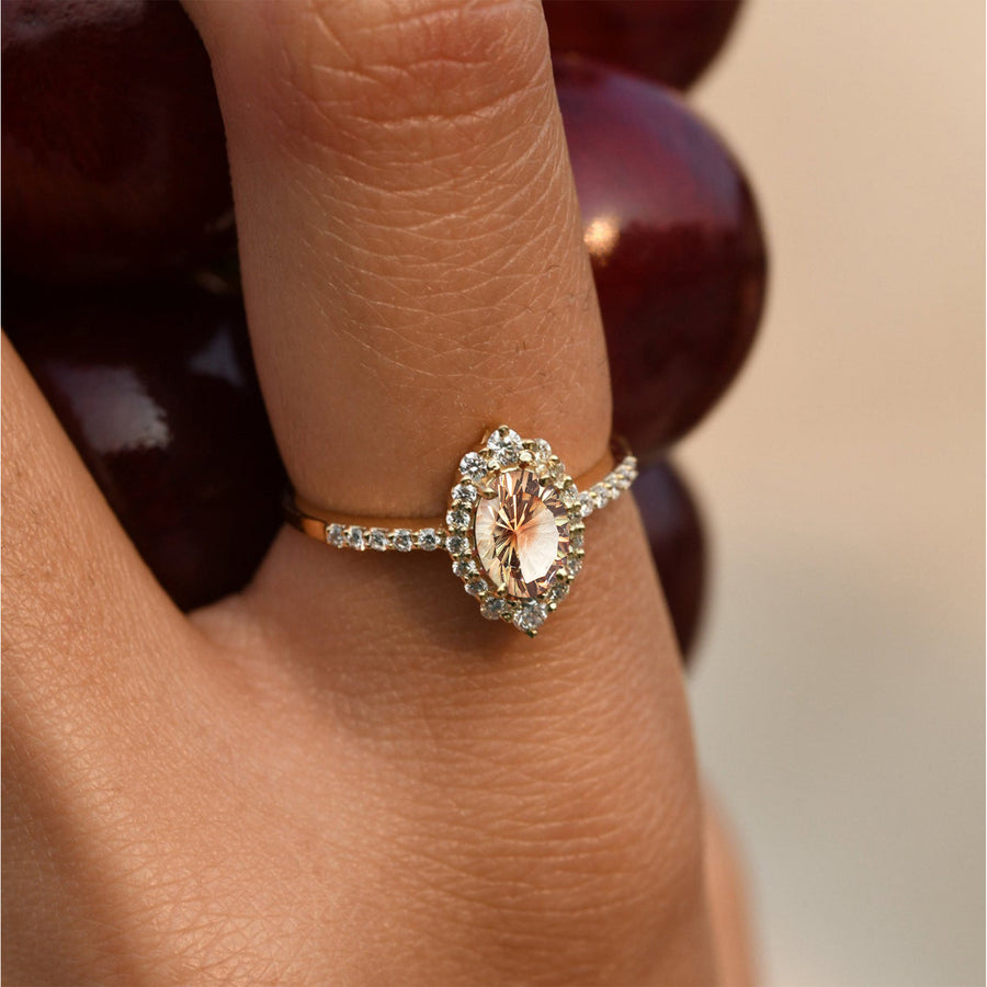 Sunstone Diamond Halo Gold Ring