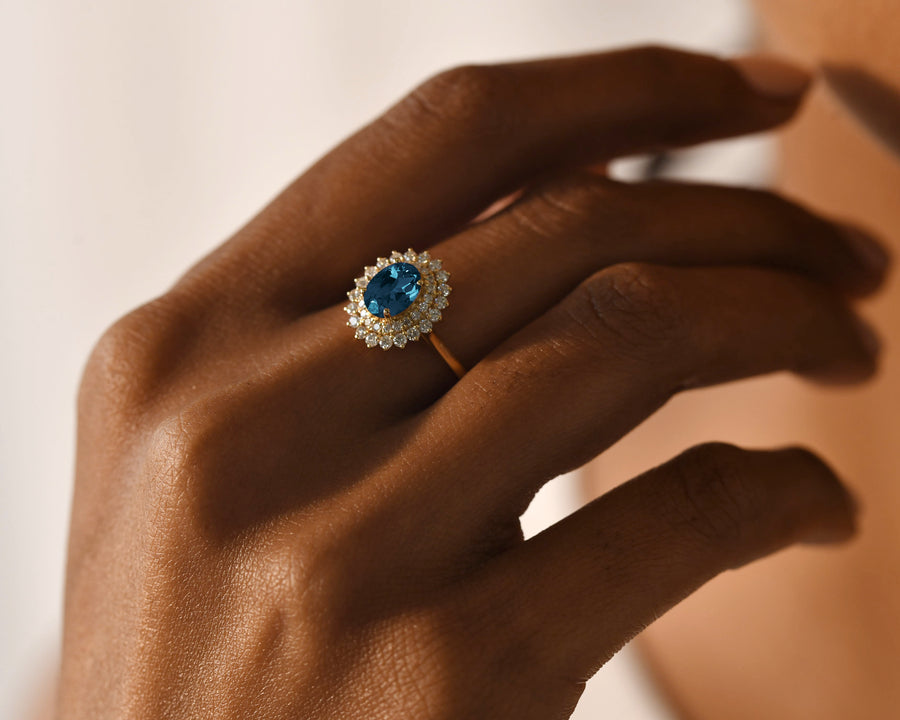 Blue Topaz Diamond Halo Ring