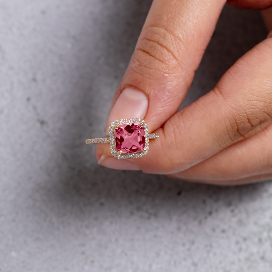 Pink Tourmaline Diamond Halo Ring