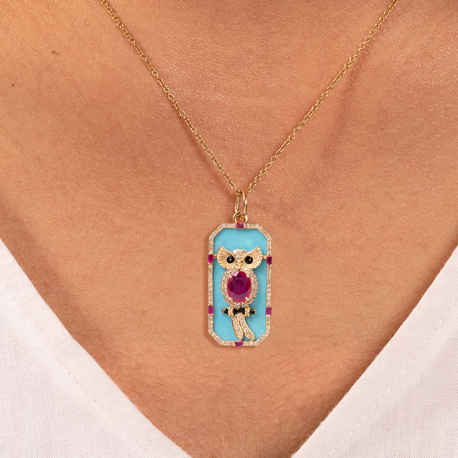 Ruby & Turquoise Owl Pendant Necklace