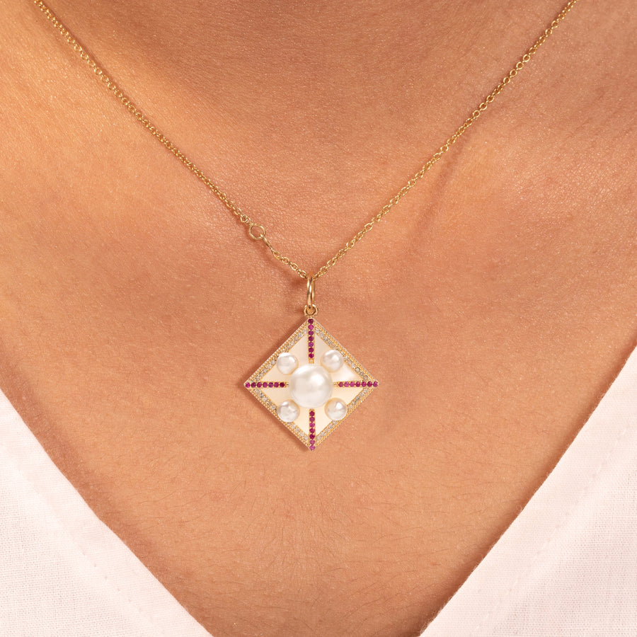 Kite Shape Pearl Pendant with Rubies & Diamonds