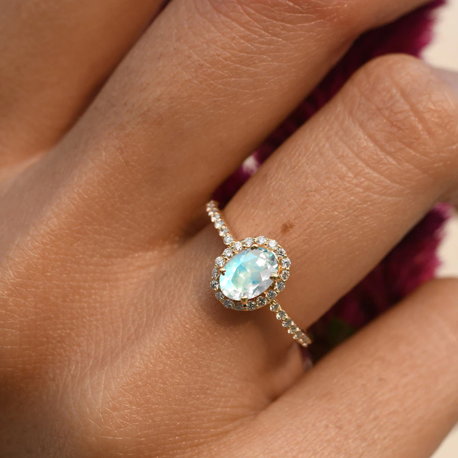 Bridal wedding jewelry — oval Rainbow Moonstone ring with sparkling halo design