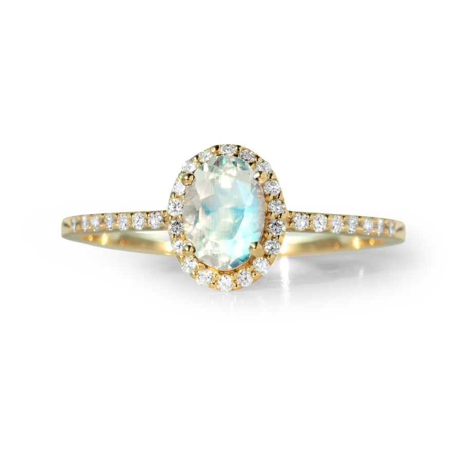 Wedding gift idea — Rainbow Moonstone halo ring with diamond band in 14k gold