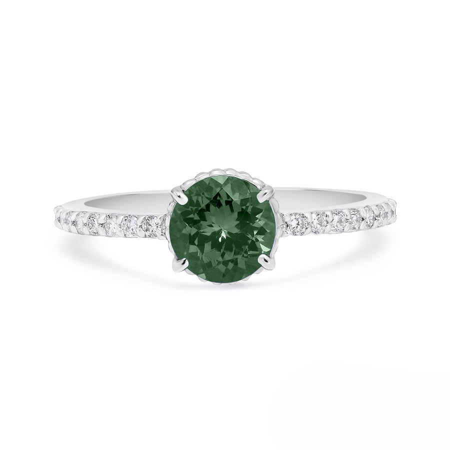 Artisan promise ring with green tourmaline and diamonds in gold

