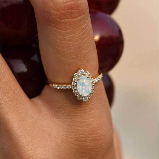 Natural Opal Diamond Halo Ring