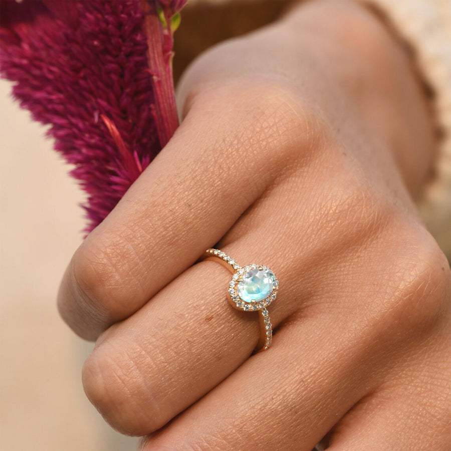 Gift for fiance — dreamy Rainbow Moonstone halo ring in solid gold setting"