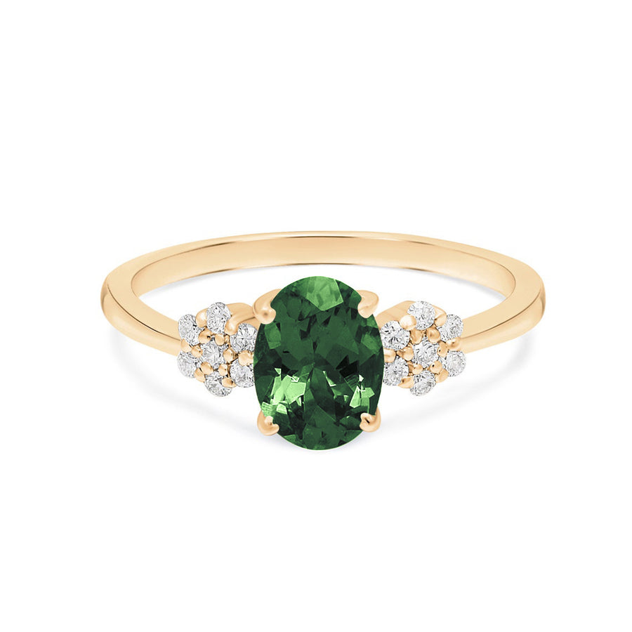 Green tourmaline and diamond cluster ring in yellow gold