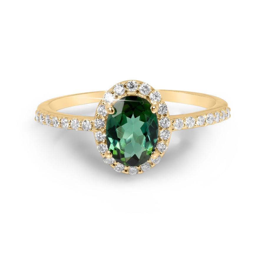 Personalised gift ring with green tourmaline in halo diamond setting