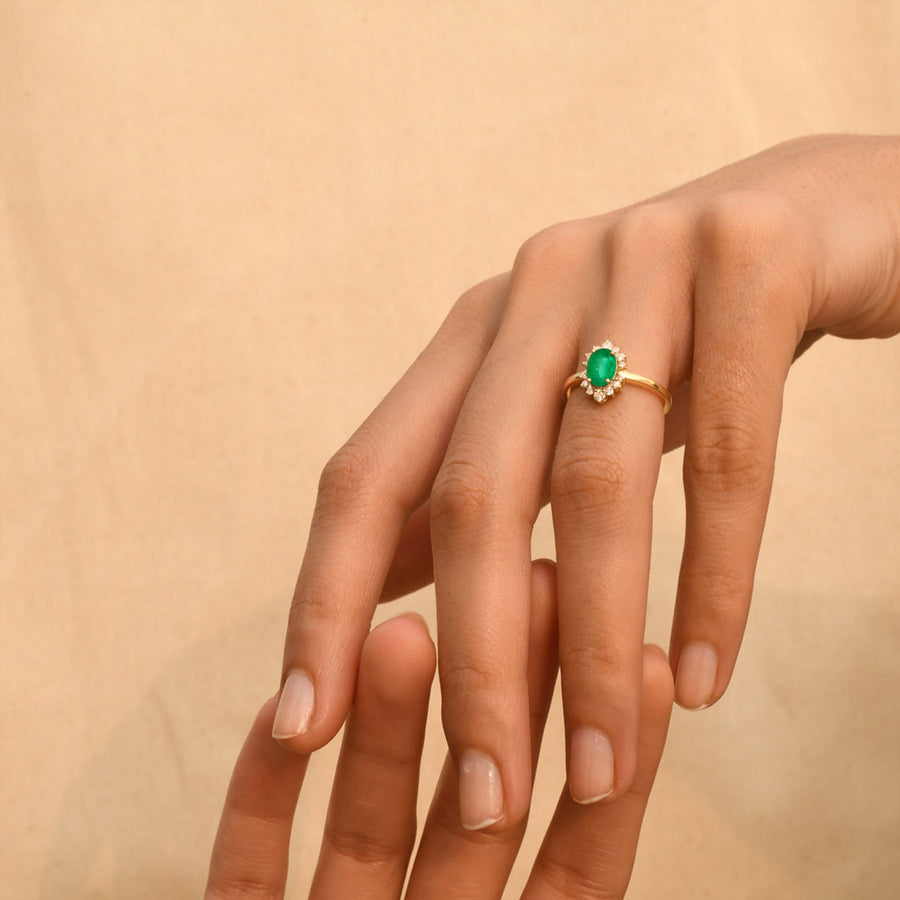 Green Emerald Diamond Halo Ring