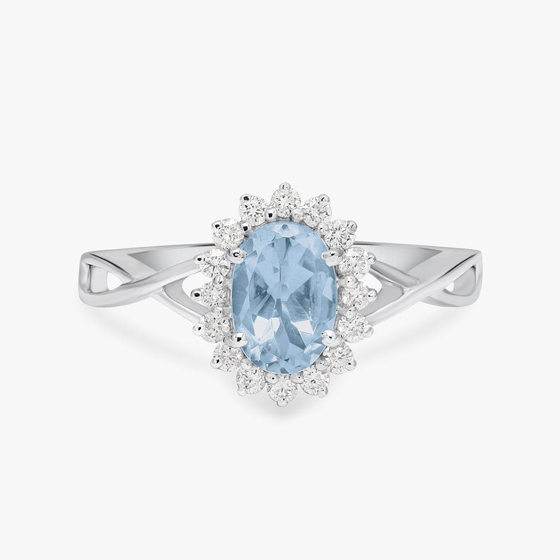 Blue Aquamarine Halo Ring
