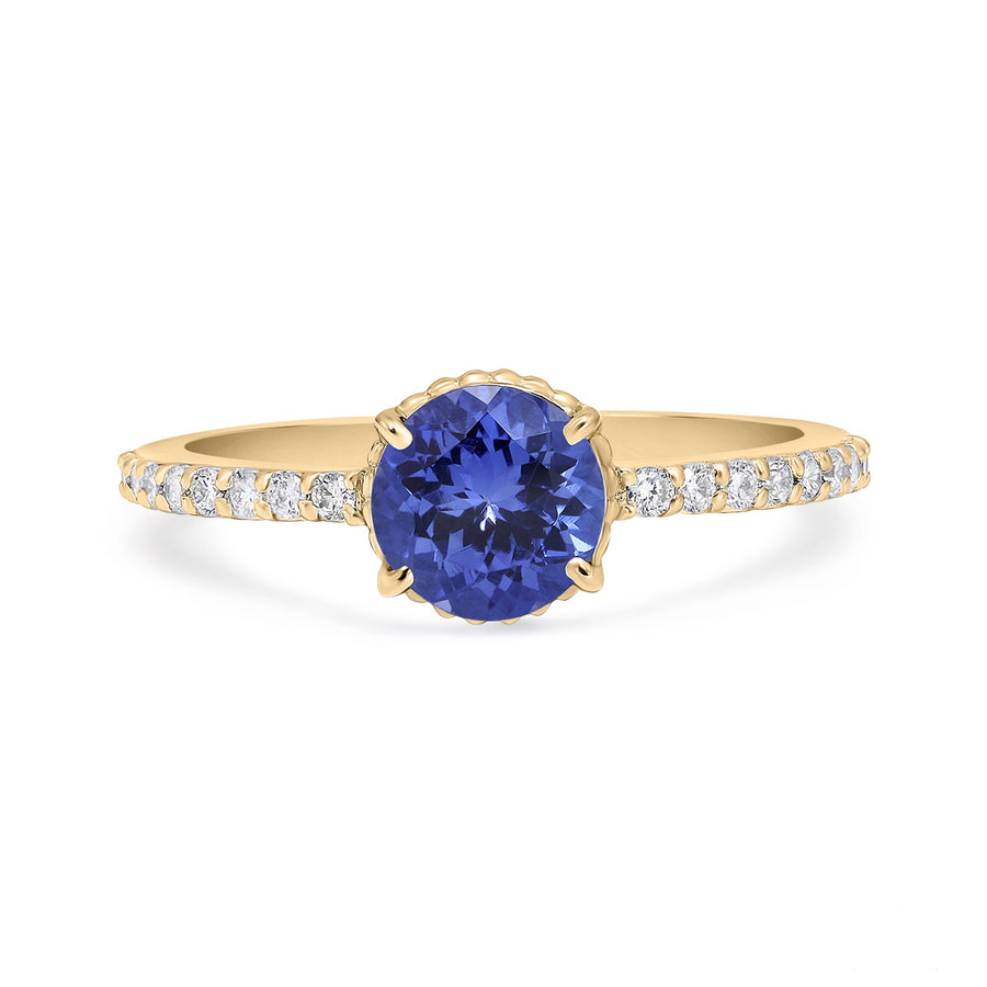 Round tanzanite solitaire ring with diamond band in 14k yellow gold