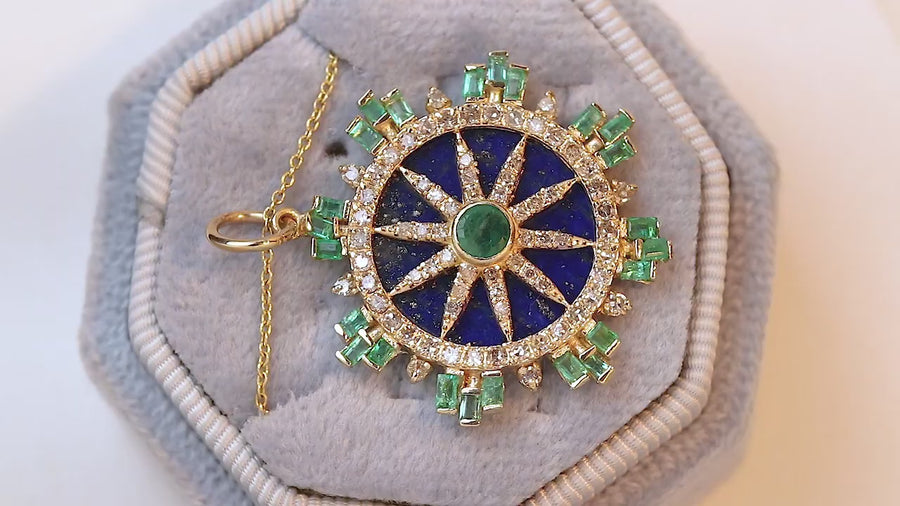 Botanical Lapis Lazuli Pendant with Emerald Diamond Halo