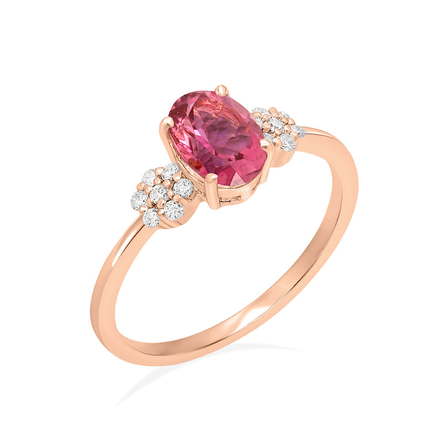 18k Solid Rose Gold Pink Tourmaline Engagement Ring with Diamond Flower on side