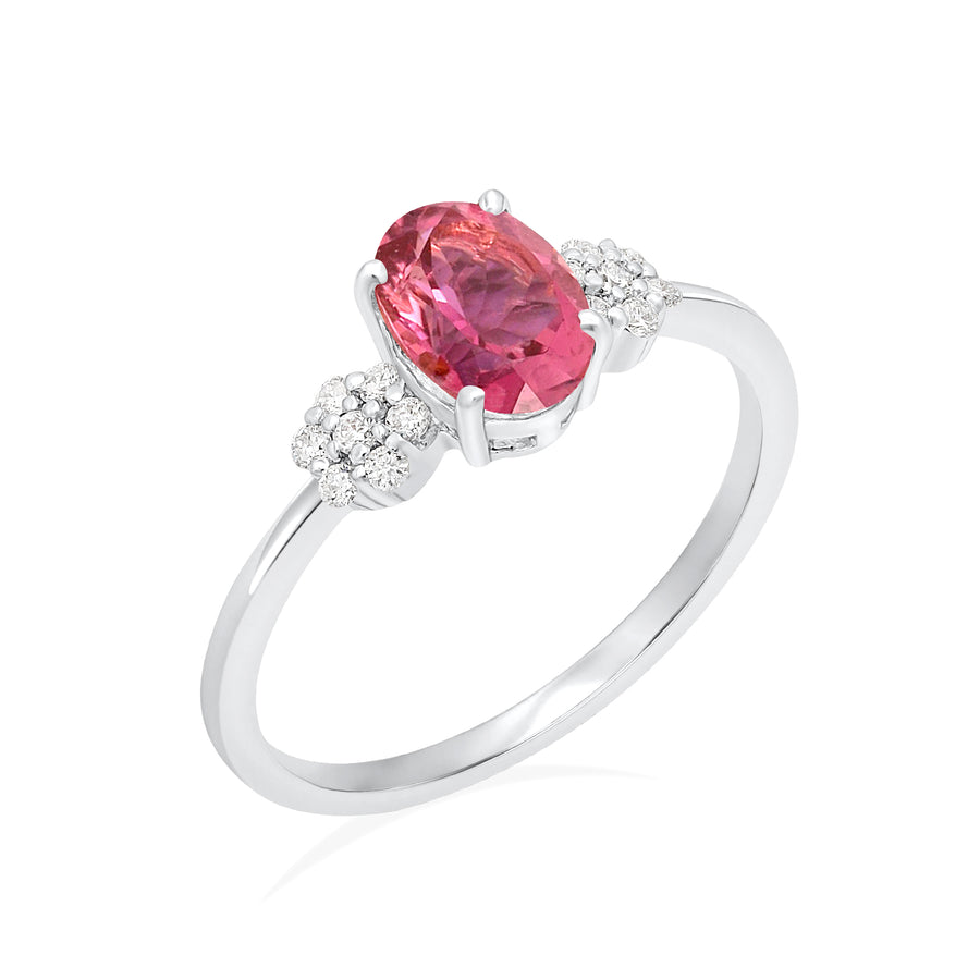 18k White Gold Pink Tourmaline Ring with Diamond Flower on side