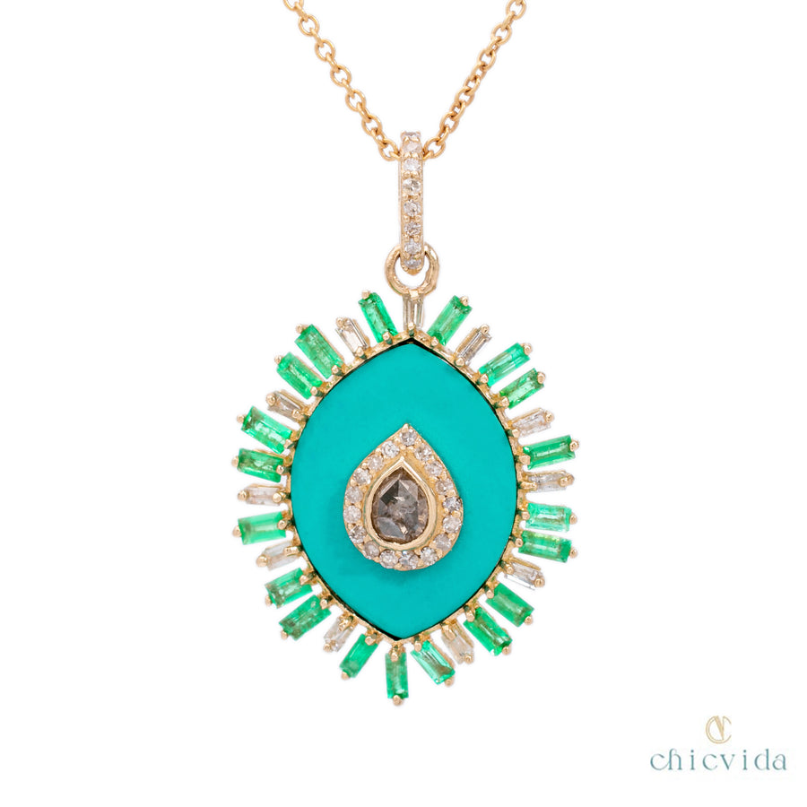 Turquoise Pendant with Emerald Baguette and Diamonds