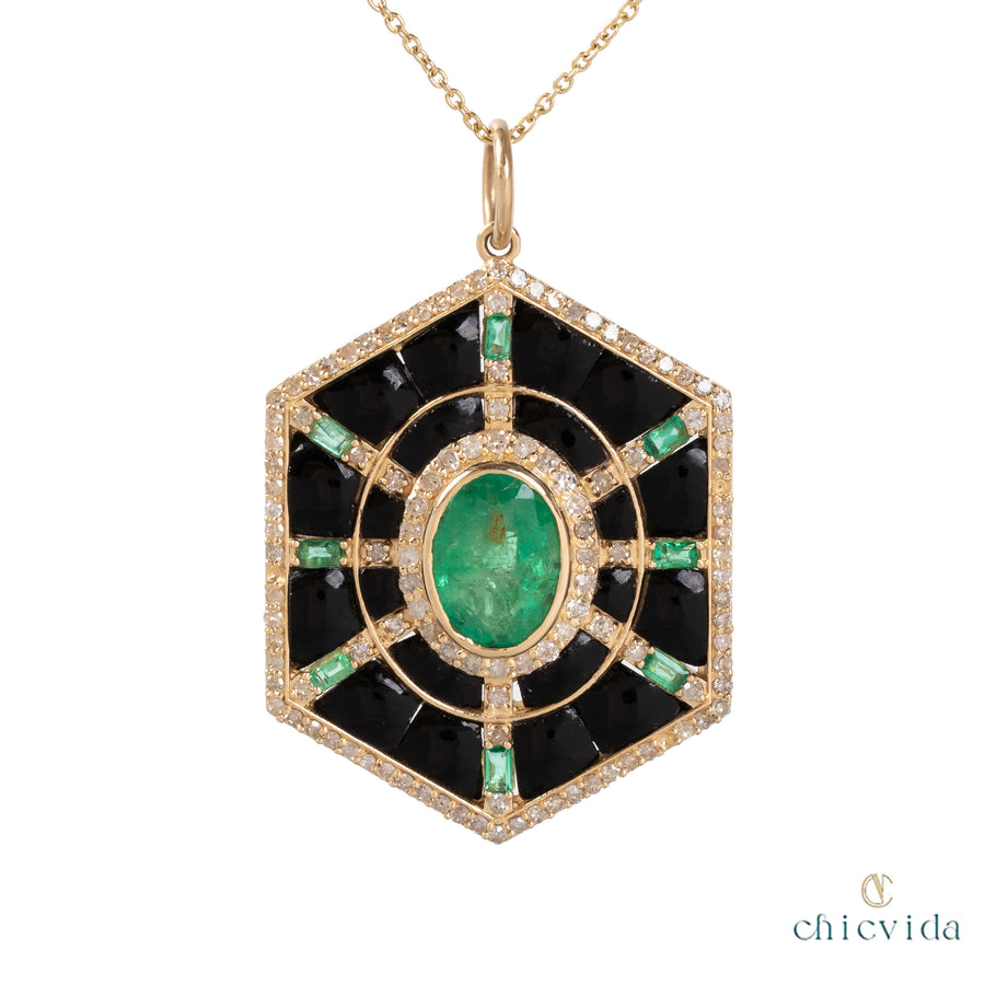 Hexagram Onyx & Emerald Diamond Pendant