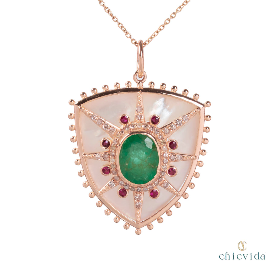 Rare Trillion Mother Of Pearl & Oval Emerald Pendant