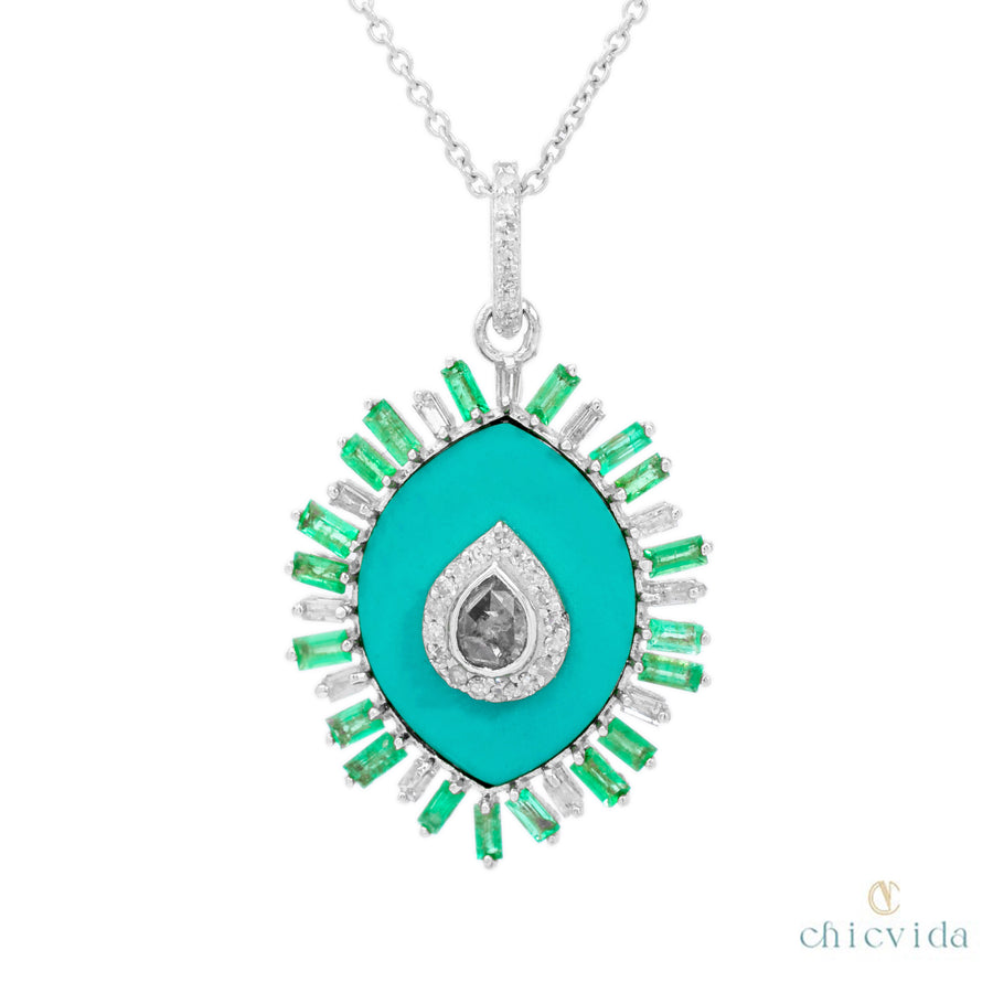 Turquoise Pendant with Emerald Baguette and Diamonds