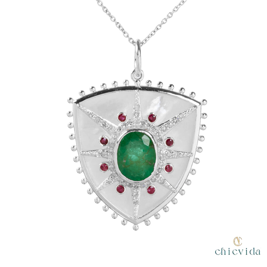 Rare Trillion Mother Of Pearl & Oval Emerald Pendant