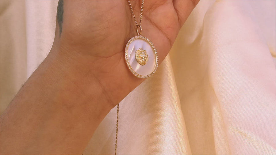 Lion Face Gold Pendant With Mother Of Pearl