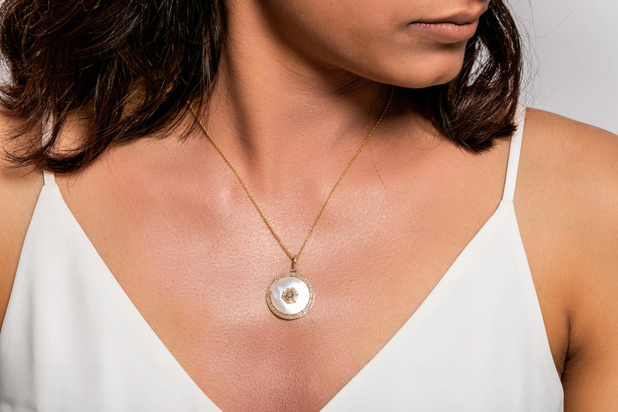 Chic Mother Of Pearl Pendant with Diamond Halo