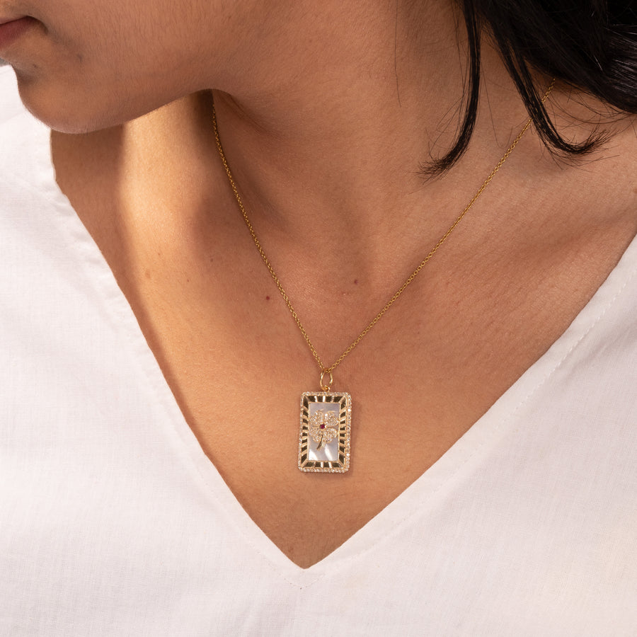 Floral Mother Of Pearl Pendant With Ruby & Diamonds
