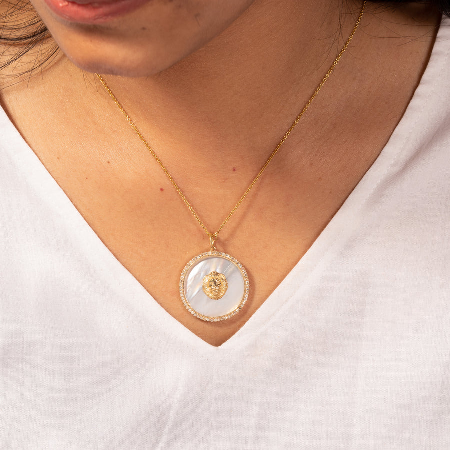 Lion Face Gold Pendant With Mother Of Pearl