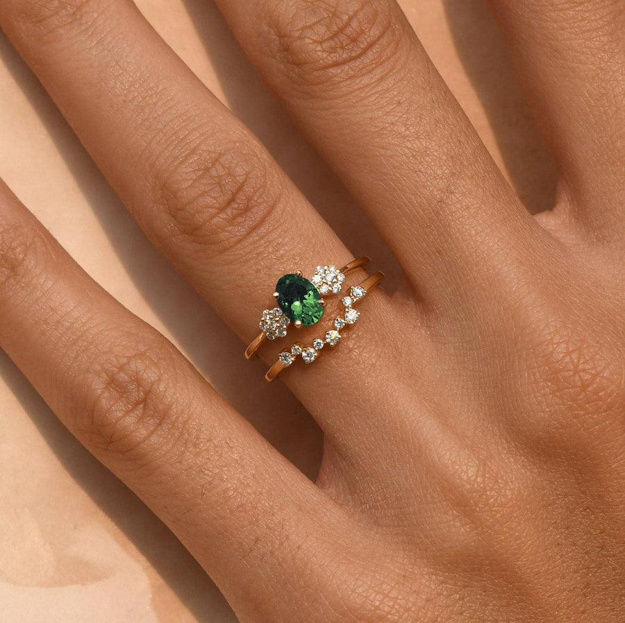 Artisan green gemstone ring with diamonds for bridal or wedding gift