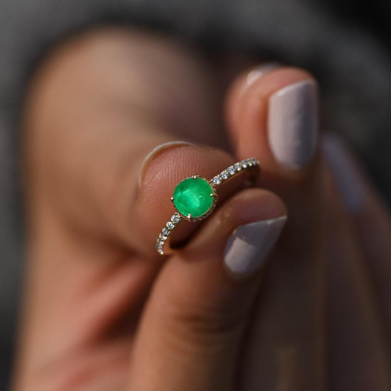 Dainty handmade emerald ring with diamonds in 14k yellow gold