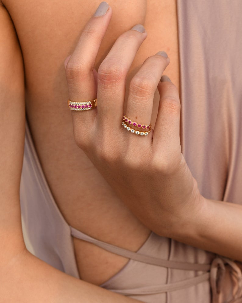 Dainty ring with milgrain ruby accents, perfect for stacking