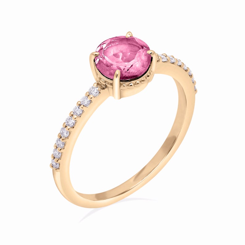 Dainty stacking ring with pink tourmaline and side diamonds