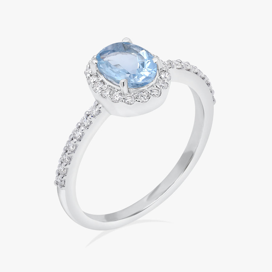 Gift for fiance — aquamarine halo ring in 14k white gold setting