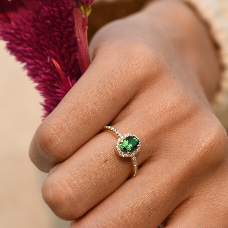 Gift for fiance — 14k yellow gold ring with green tourmaline center