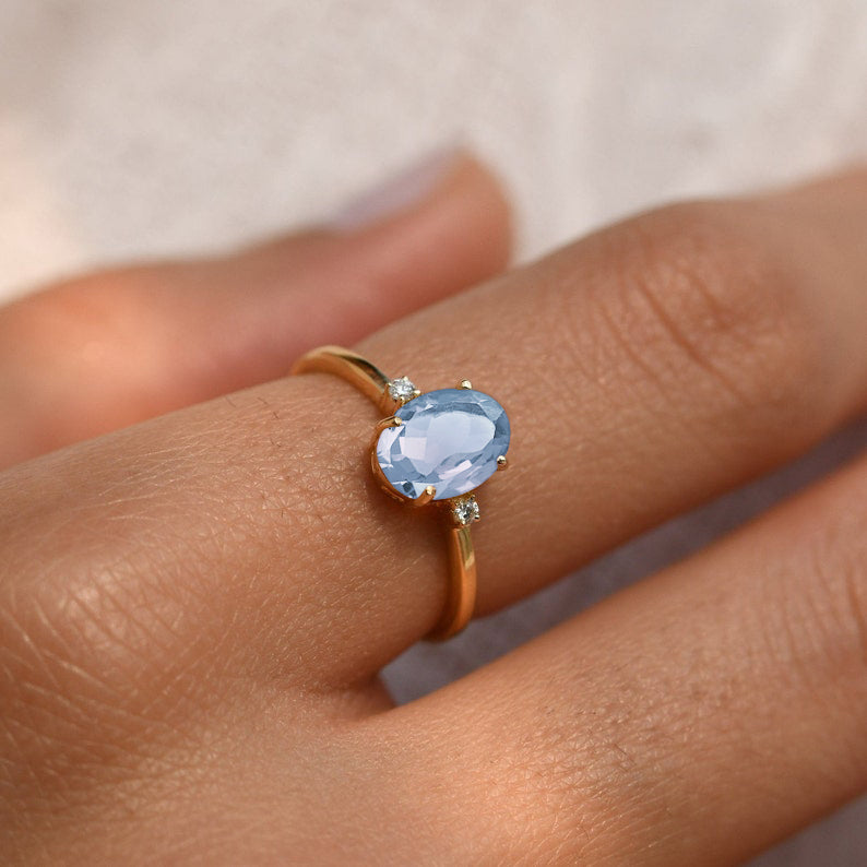 Three Stone Aquamarine Diamond Ring