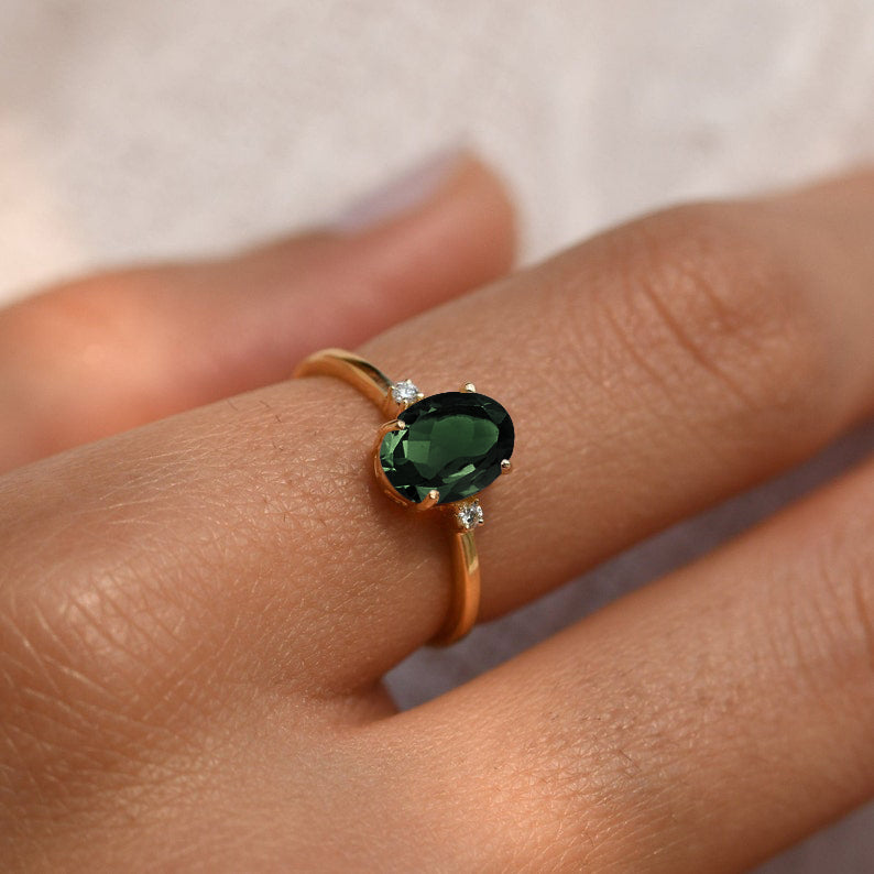 Three Stone Green Tourmaline Diamond Ring