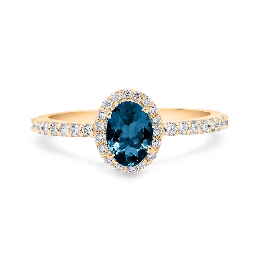 Gift for fiance — oval London Blue Topaz ring with diamond halo