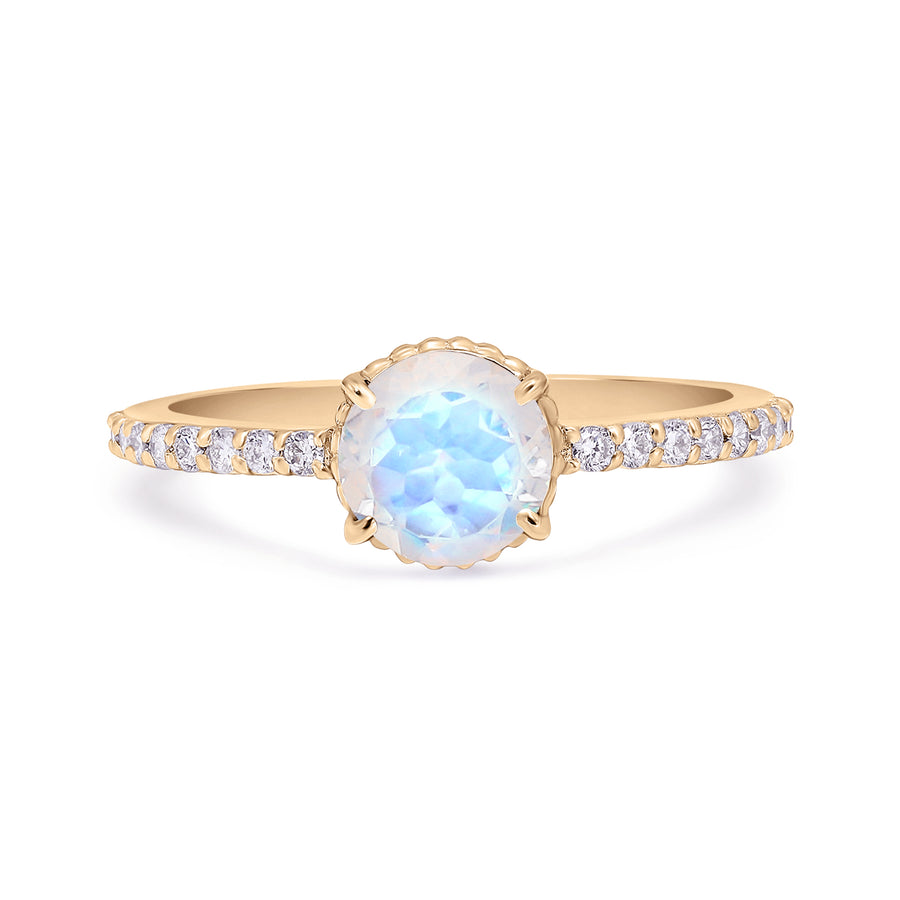 Round moonstone solitaire ring with pavé diamonds in yellow gold