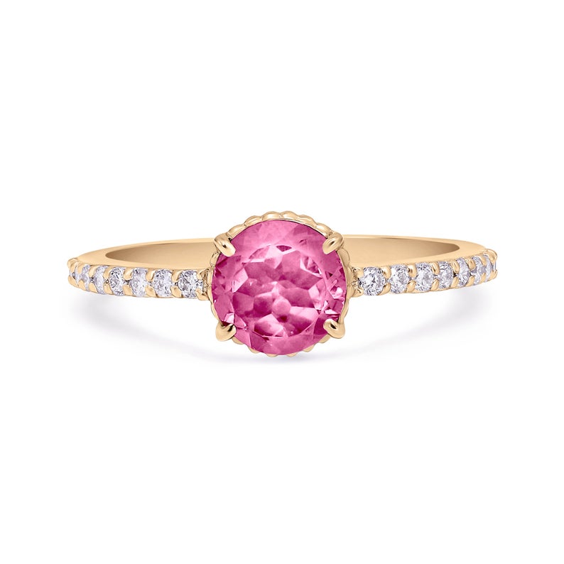Round pink tourmaline solitaire ring with diamond band in yellow gold