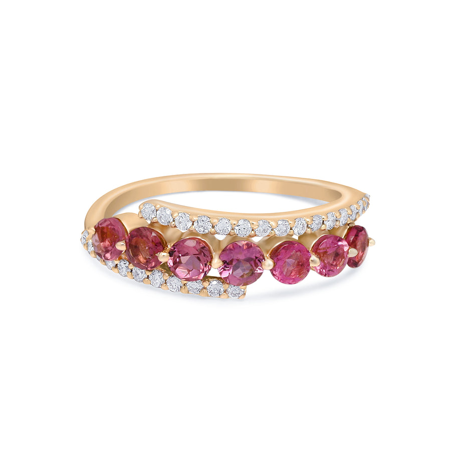 Pink tourmaline and diamond split band ring in 14k yellow gold