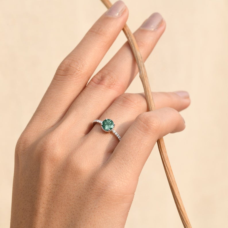 Green tourmaline stacking ring with diamond pavé band in solid gold